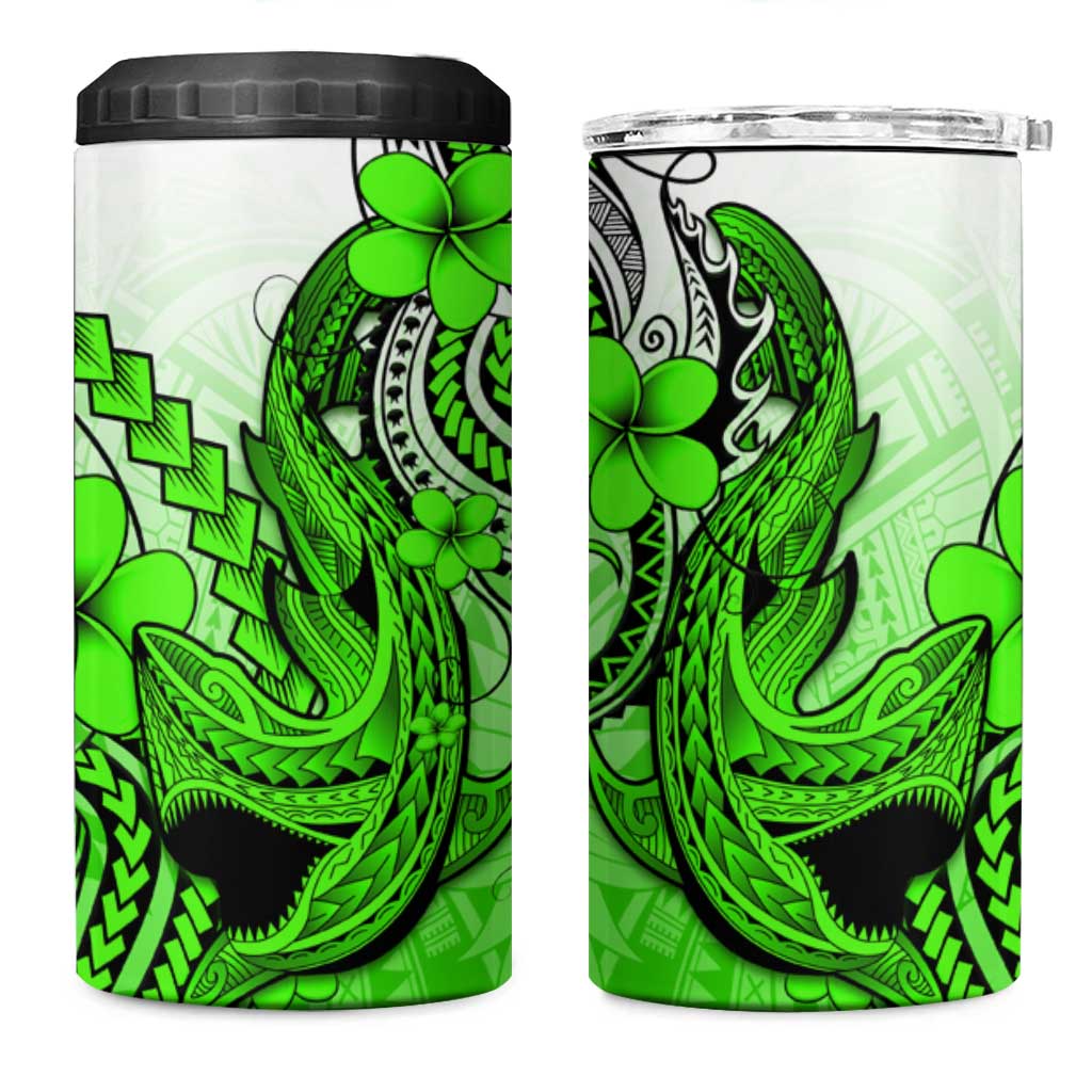 Hawaii 4 in 1 Can Cooler Tumbler Polynesian Shark Tattoo With Plumeria Green Gradient