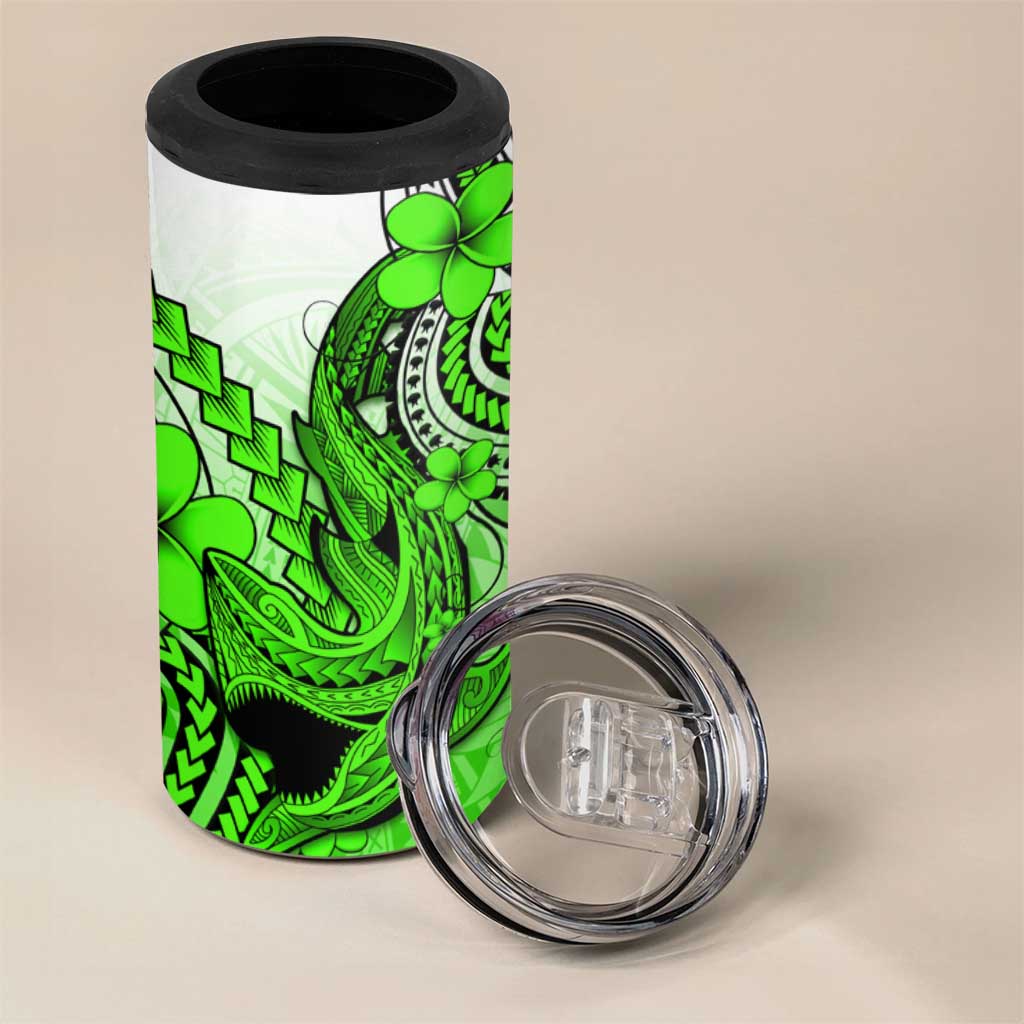 Hawaii 4 in 1 Can Cooler Tumbler Polynesian Shark Tattoo With Plumeria Green Gradient