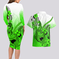 Hawaii Couples Matching Long Sleeve Bodycon Dress and Hawaiian Shirt Polynesian Shark Tattoo With Plumeria Green Gradient LT14 - Polynesian Pride