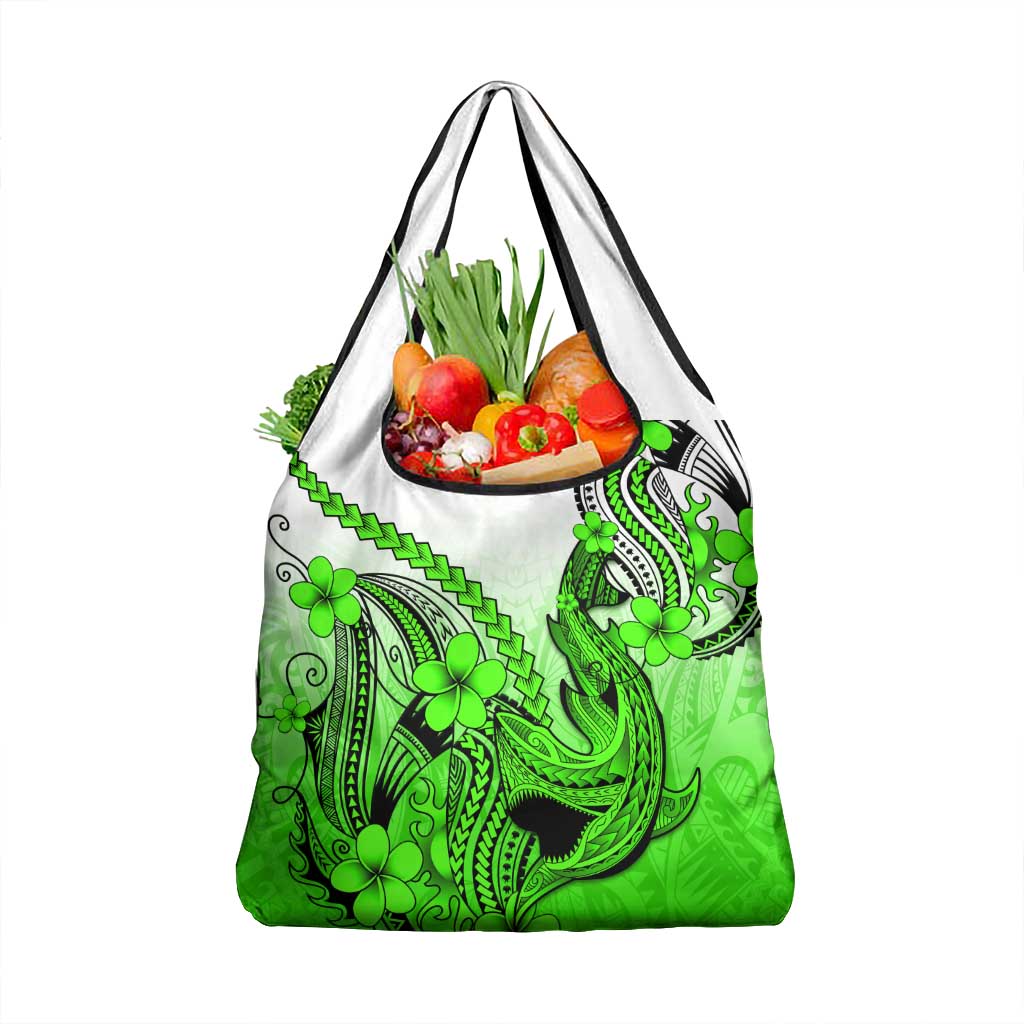 Green Gradient Hawaii Grocery Bag Polynesian Shark Tattoo With Plumeria