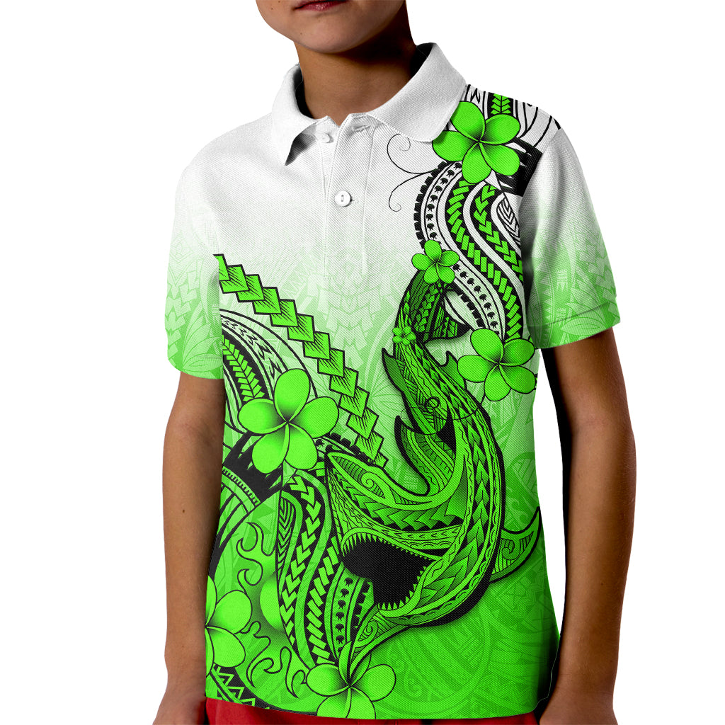 Hawaii Kid Polo Shirt Polynesian Shark Tattoo With Plumeria Green Gradient LT14 Kid Green - Polynesian Pride