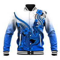 Hawaii Baseball Jacket Polynesian Shark Tattoo With Plumeria Blue Gradient LT14 Unisex Blue - Polynesian Pride