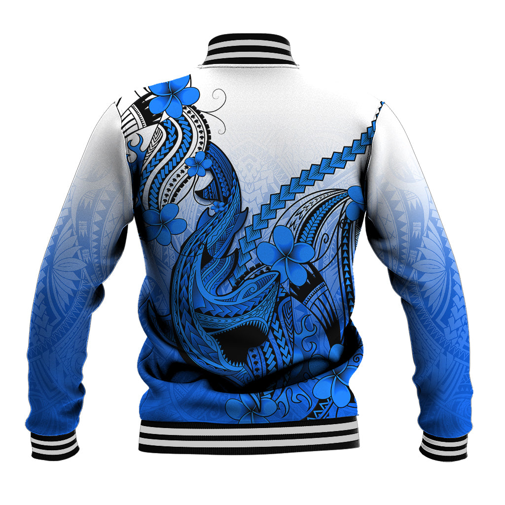 Hawaii Baseball Jacket Polynesian Shark Tattoo With Plumeria Blue Gradient LT14 - Polynesian Pride
