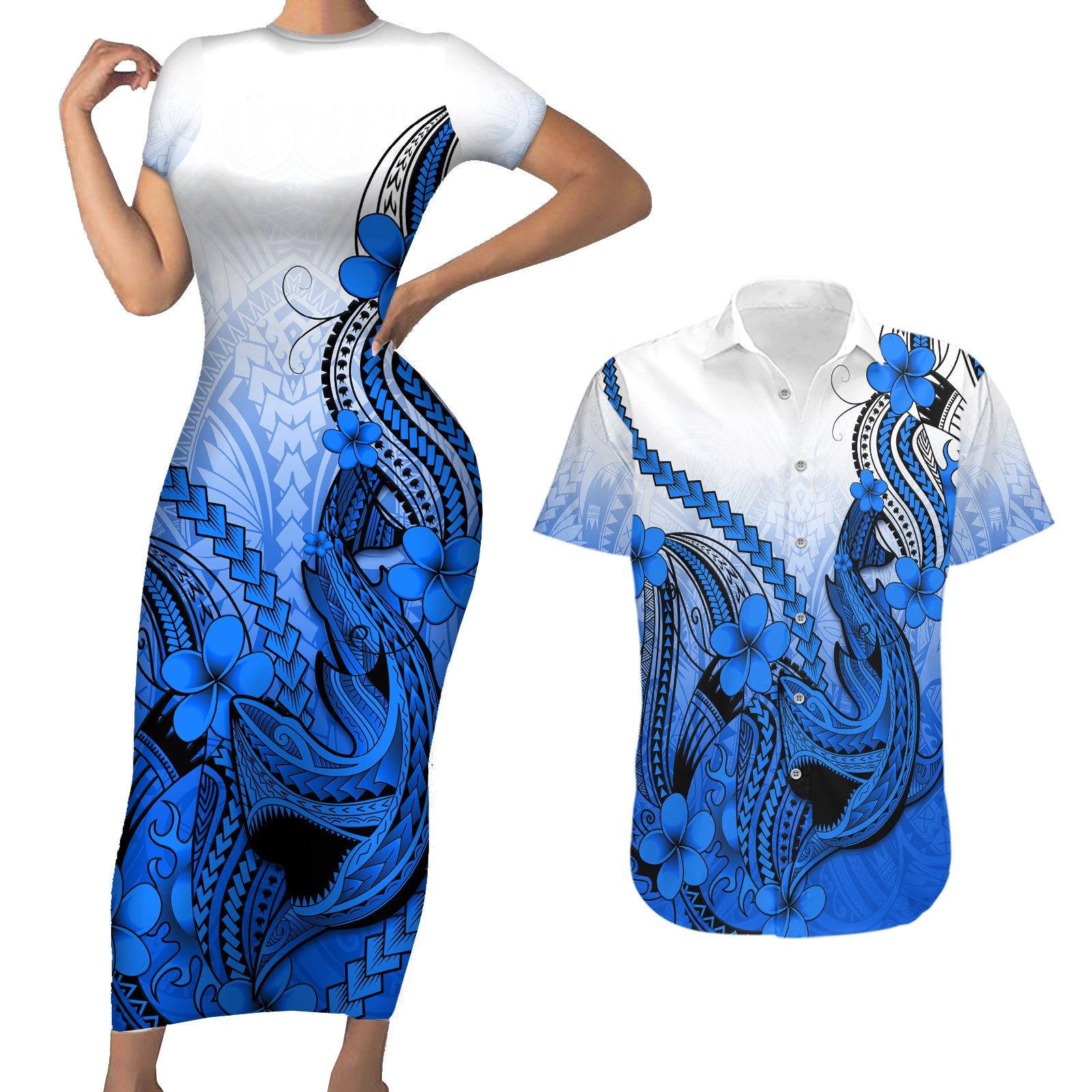 Hawaii Couples Matching Short Sleeve Bodycon Dress and Hawaiian Shirt Polynesian Shark Tattoo With Plumeria Blue Gradient LT14 Blue - Polynesian Pride