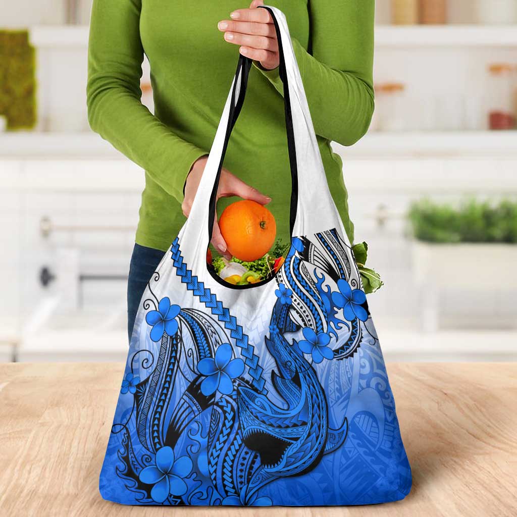 Blue Gradient Hawaii Grocery Bag Polynesian Shark Tattoo With Plumeria