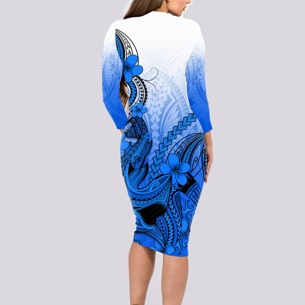 Polynesian Long Sleeve Bodycon Dress Pacific Flower Mix Floral Tribal Tattoo Purple Vibe LT9 main image 1