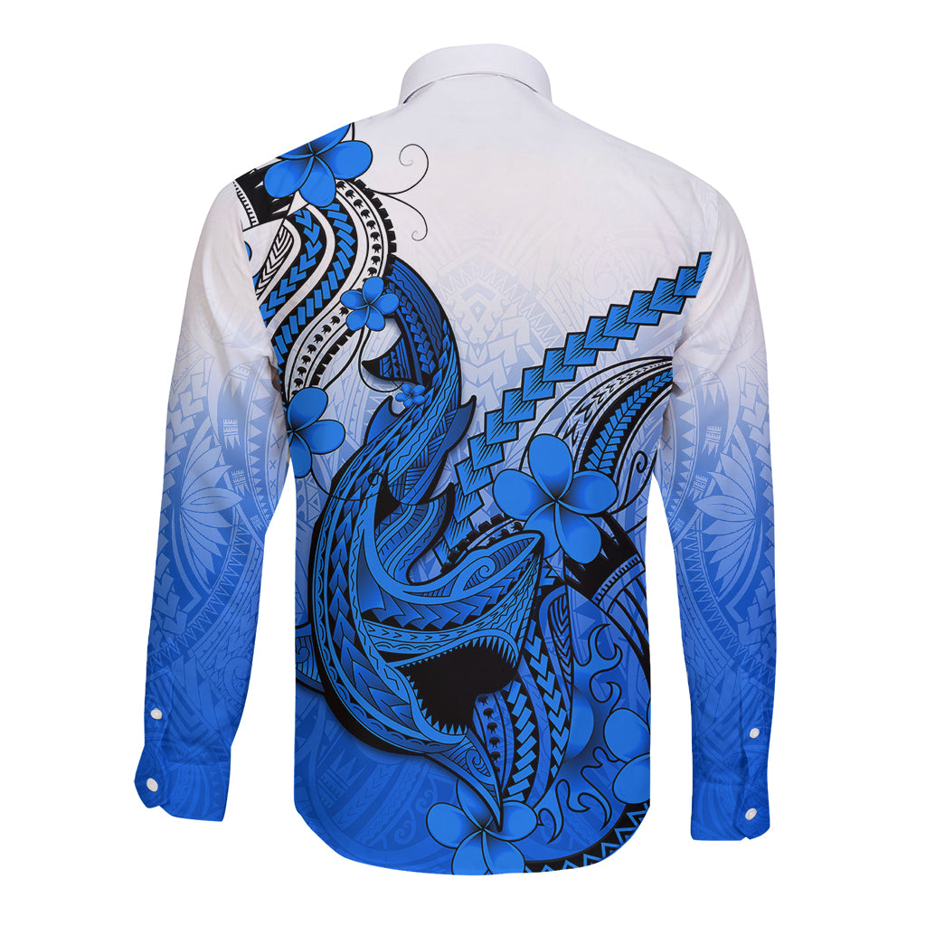 Hawaii Long Sleeve Button Shirt Polynesian Shark Tattoo With Plumeria Blue Gradient LT14 - Polynesian Pride