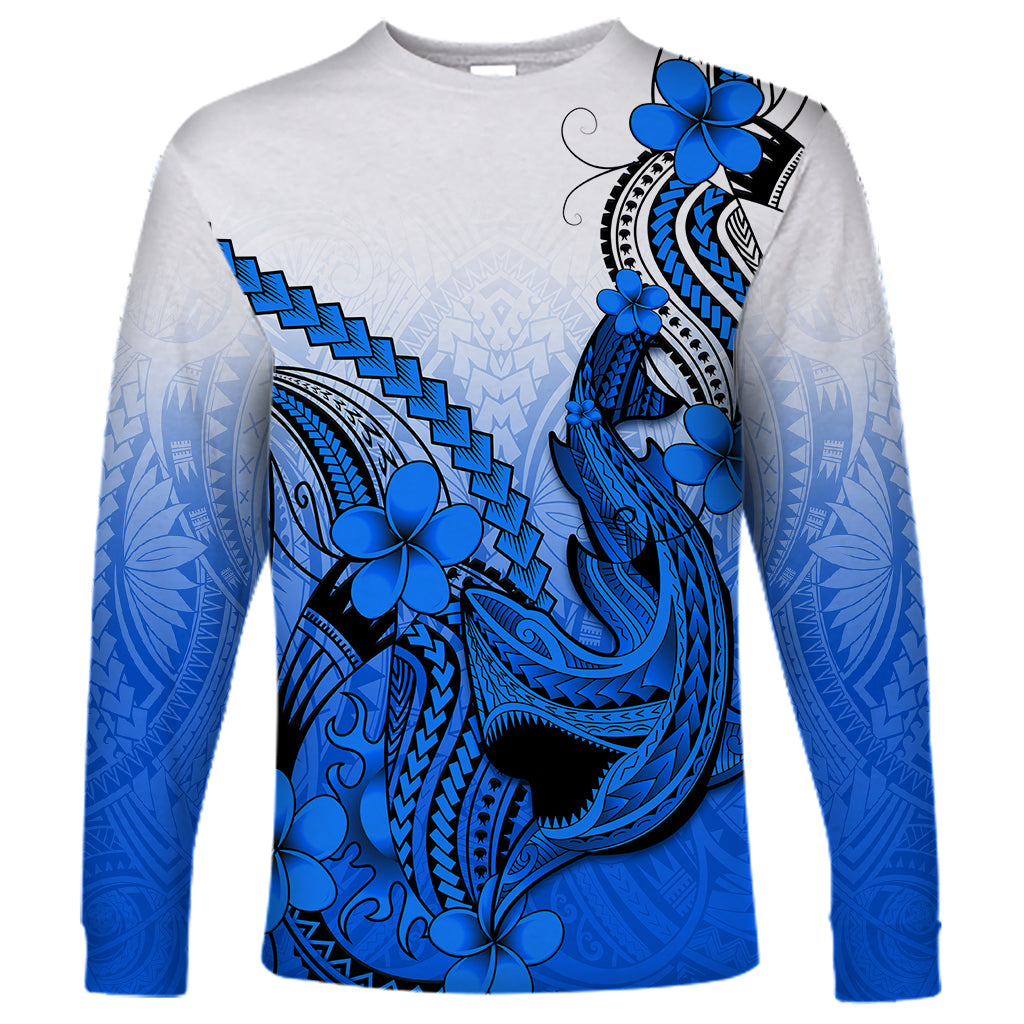 Hawaii Long Sleeve Shirt Polynesian Shark Tattoo With Plumeria Blue Gradient LT14 Unisex Blue - Polynesian Pride