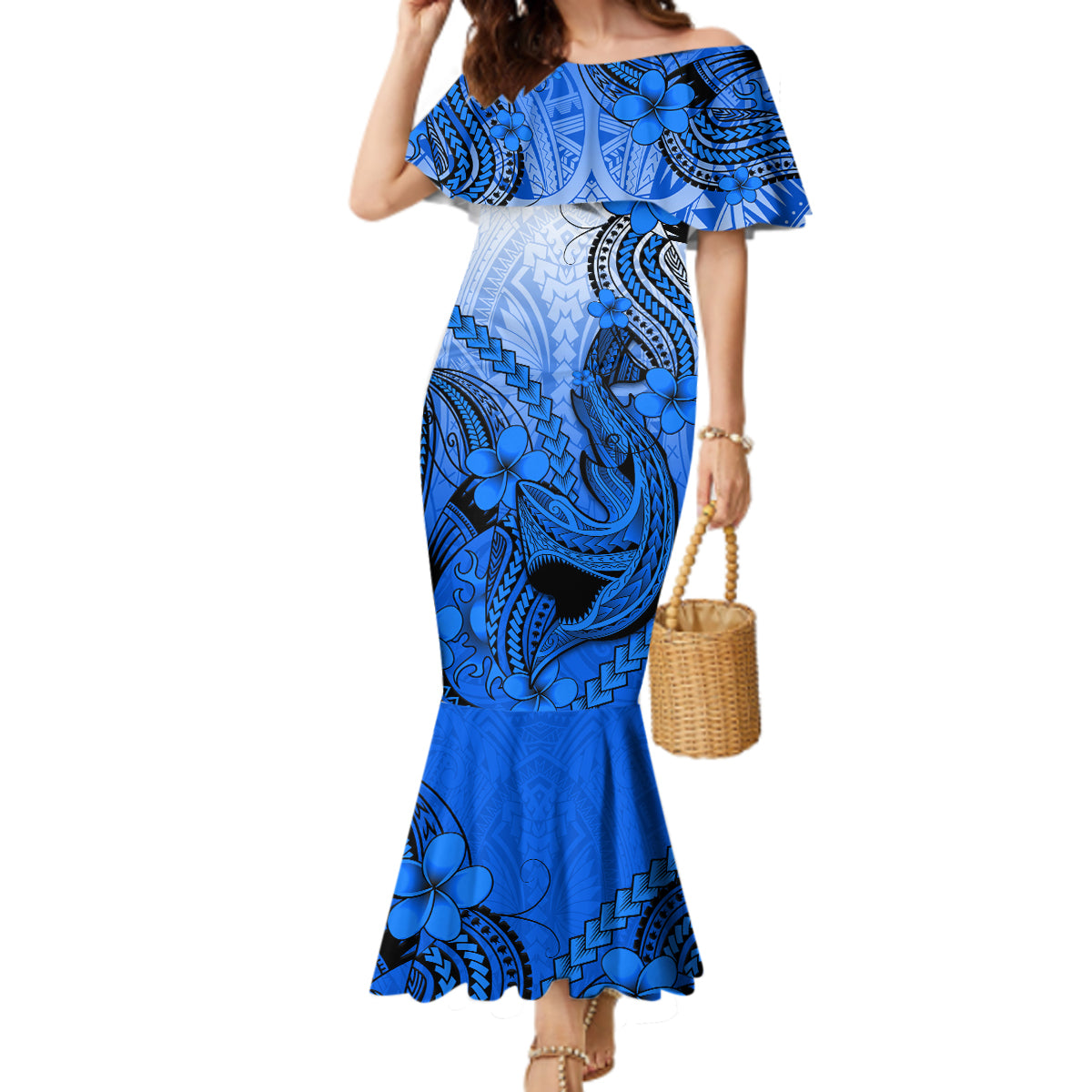 Hawaii Mermaid Dress Polynesian Shark Tattoo With Plumeria Blue Gradient LT14 Women Blue - Polynesian Pride