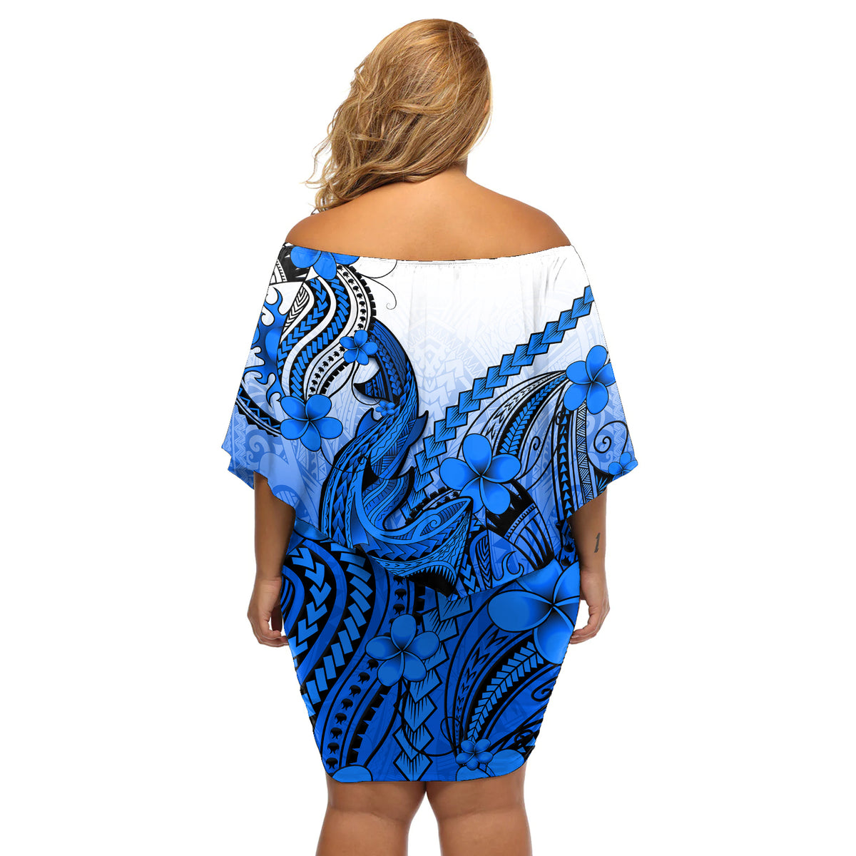 Hawaii Off Shoulder Short Dress Polynesian Shark Tattoo With Plumeria Blue Gradient LT14 - Polynesian Pride