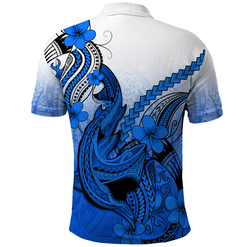 Hawaii Polo Shirt Polynesian Shark Tattoo With Plumeria Blue Gradient LT14 - Polynesian Pride