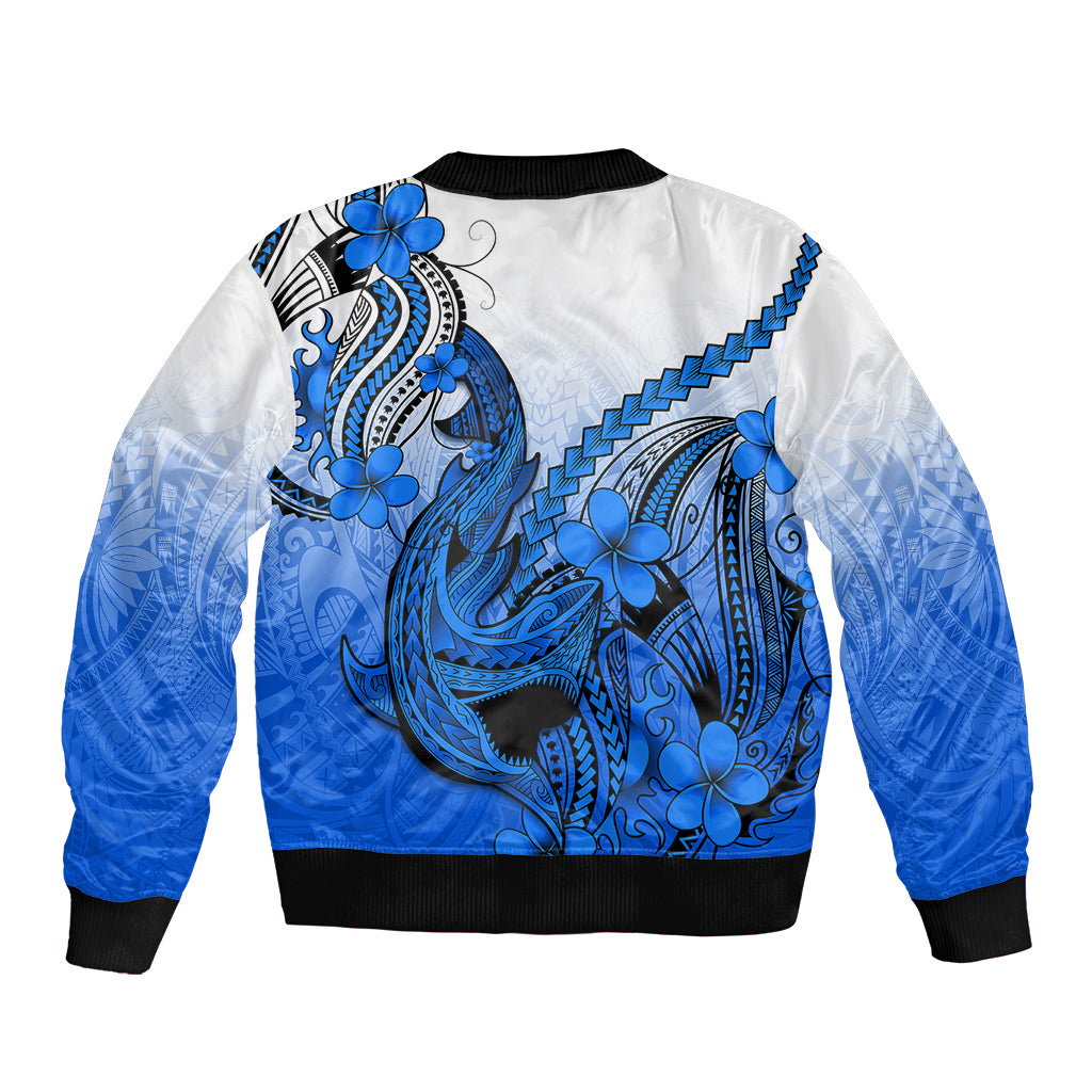 Hawaii Sleeve Zip Bomber Jacket Polynesian Shark Tattoo With Plumeria Blue Gradient LT14 - Polynesian Pride