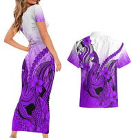 Hawaii Couples Matching Short Sleeve Bodycon Dress and Hawaiian Shirt Polynesian Shark Tattoo With Plumeria Purple Gradient LT14 - Polynesian Pride