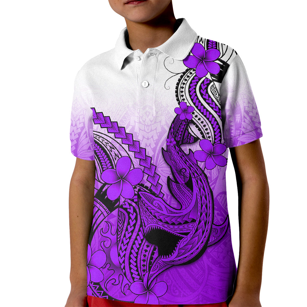 Hawaii Kid Polo Shirt Polynesian Shark Tattoo With Plumeria Purple Gradient LT14 Kid Purple - Polynesian Pride