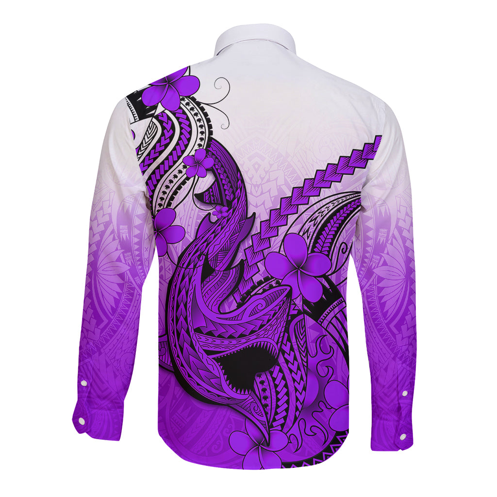 Hawaii Long Sleeve Button Shirt Polynesian Shark Tattoo With Plumeria Purple Gradient LT14 - Polynesian Pride