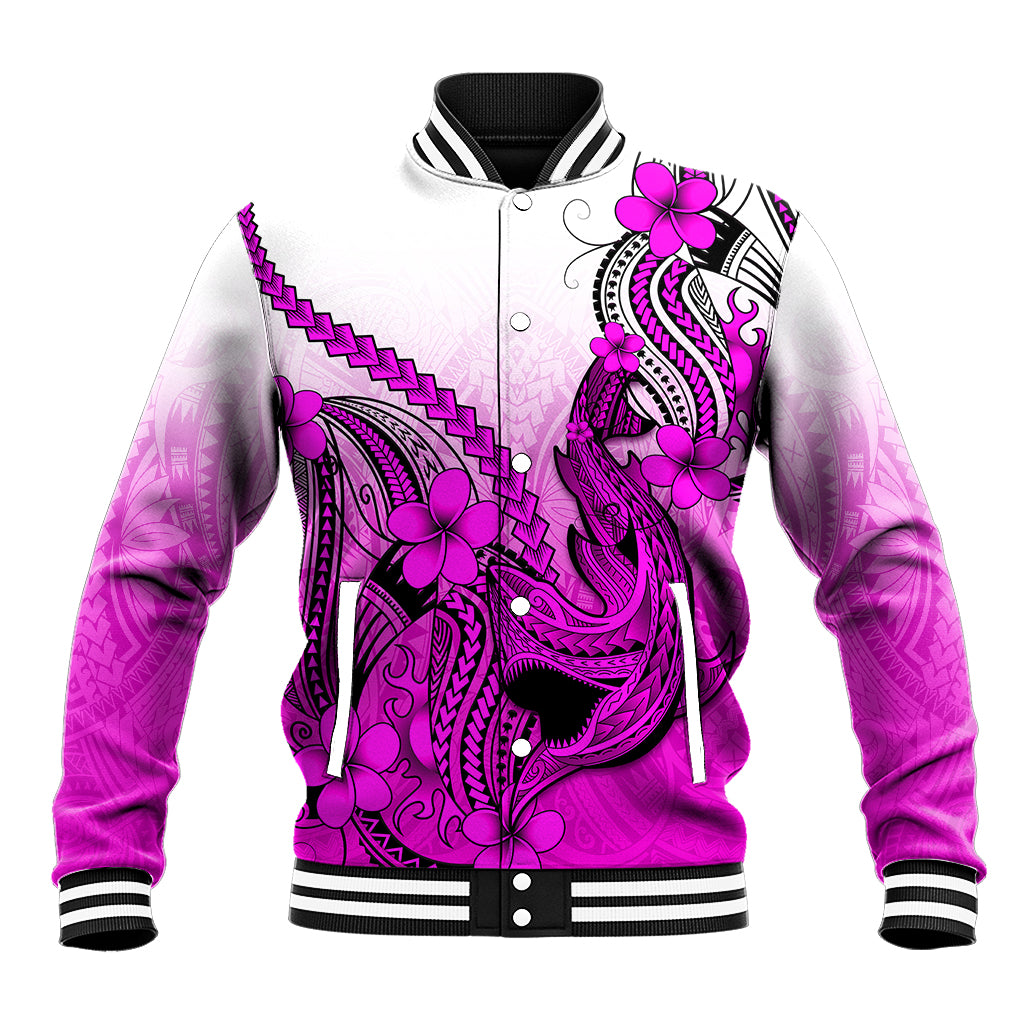 Hawaii Baseball Jacket Polynesian Shark Tattoo With Plumeria Pink Gradient LT14 Unisex Pink - Polynesian Pride