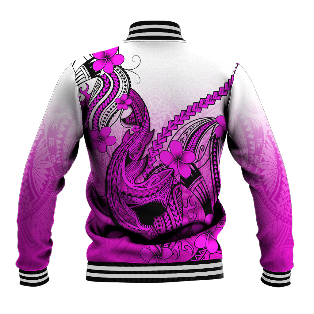 Hawaii Baseball Jacket Polynesian Shark Tattoo With Plumeria Pink Gradient LT14 - Polynesian Pride