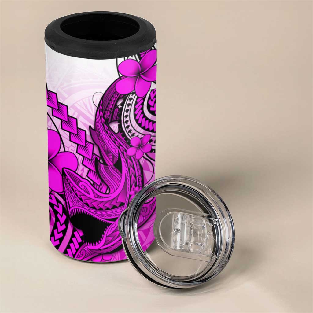 Hawaii 4 in 1 Can Cooler Tumbler Polynesian Shark Tattoo With Plumeria Pink Gradient