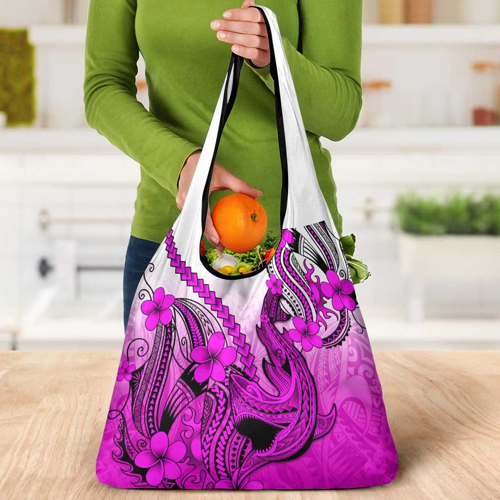 Pink Gradient Hawaii Grocery Bag Polynesian Shark Tattoo With Plumeria