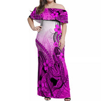 Hawaii Off Shoulder Maxi Dress Polynesian Shark Tattoo With Plumeria Pink Gradient LT14 Women Pink - Polynesian Pride