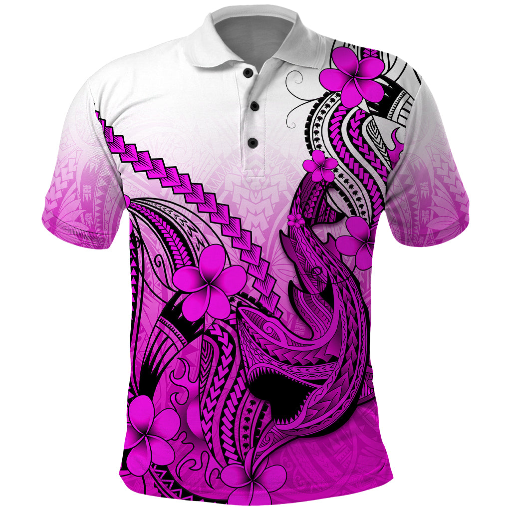 Hawaii Polo Shirt Polynesian Shark Tattoo With Plumeria Pink Gradient LT14 Pink - Polynesian Pride