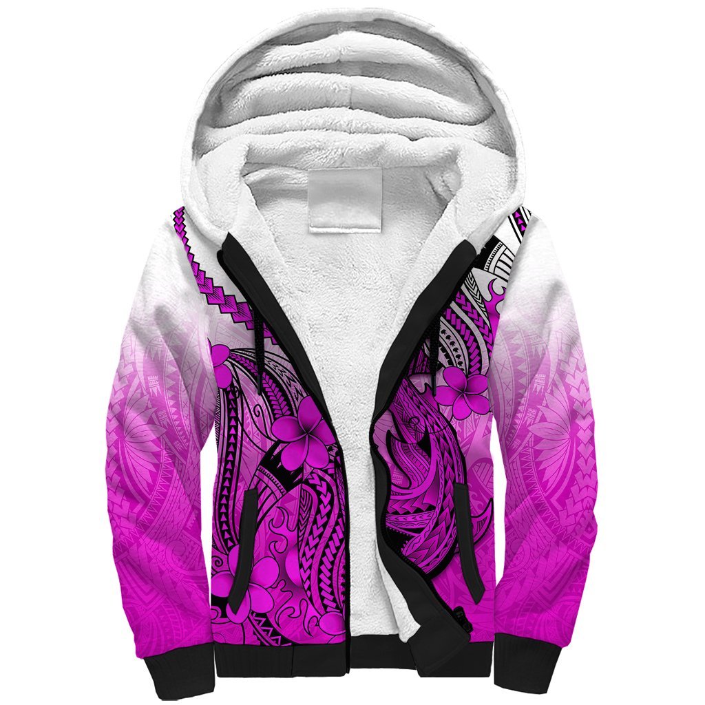 Hawaii Sherpa Hoodie Polynesian Shark Tattoo With Plumeria Pink Gradient LT14 Unisex Pink - Polynesian Pride