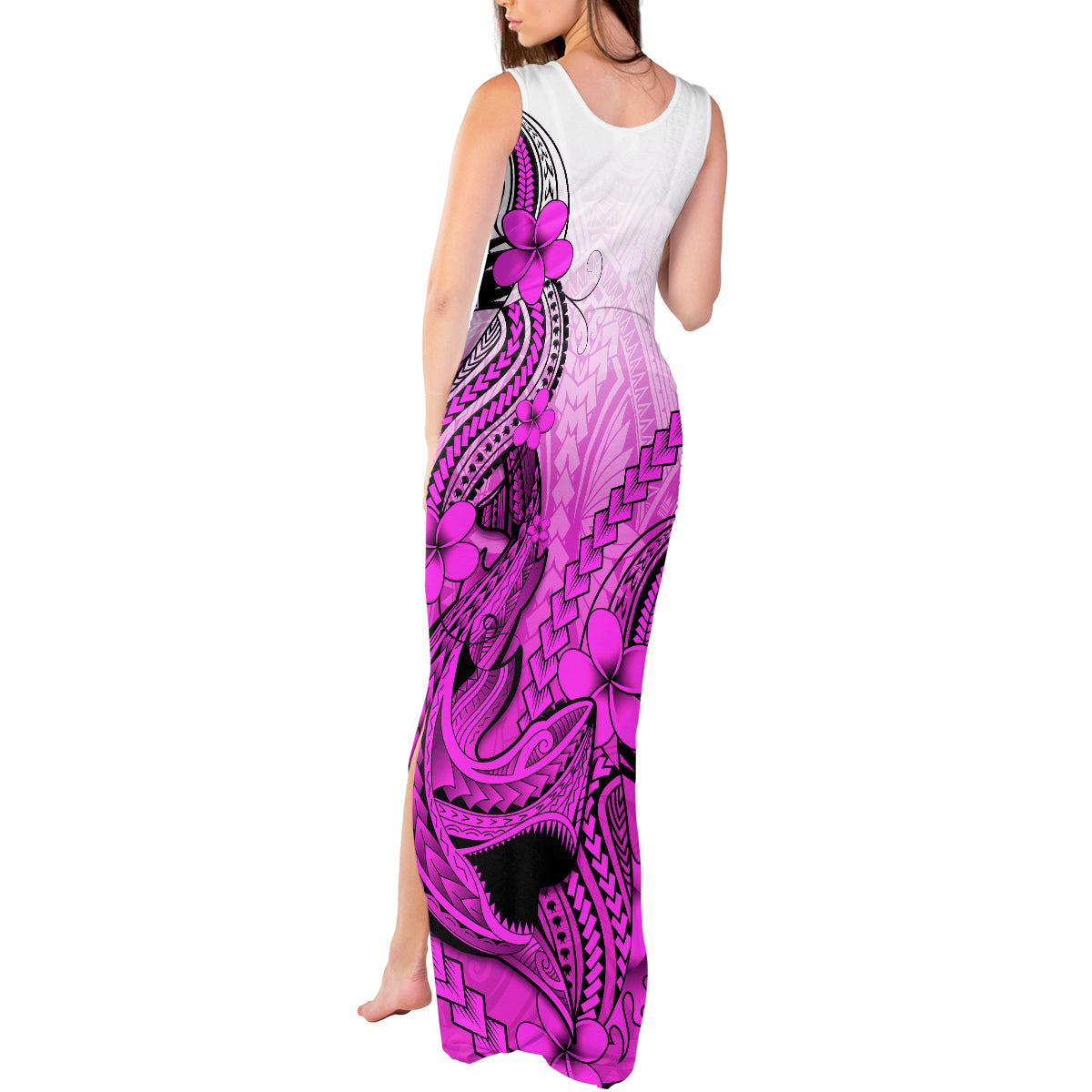 Hawaii Tank Maxi Dress Polynesian Shark Tattoo With Plumeria Pink Gradient LT14 - Polynesian Pride