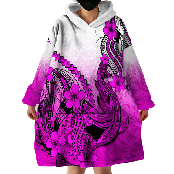 Wallis And Futuna Wearable Blanket Hoodie Plumeria Flowers With Red Polynesian Pattern LT14
