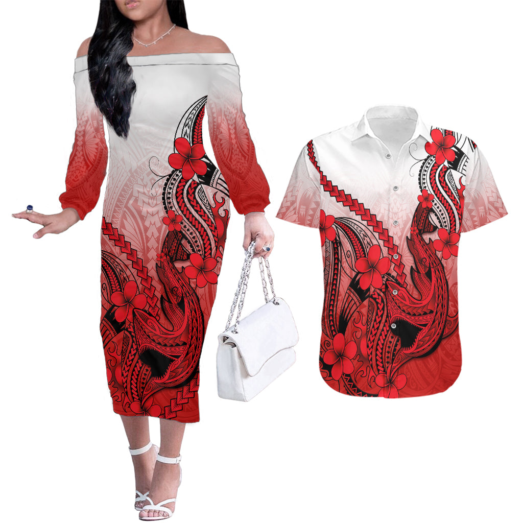 Hawaii Couples Matching Off The Shoulder Long Sleeve Dress and Hawaiian Shirt Polynesian Shark Tattoo With Plumeria Red Gradient LT14 Red - Polynesian Pride