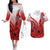 Hawaii Couples Matching Off The Shoulder Long Sleeve Dress and Hawaiian Shirt Polynesian Shark Tattoo With Plumeria Red Gradient LT14 Red - Polynesian Pride