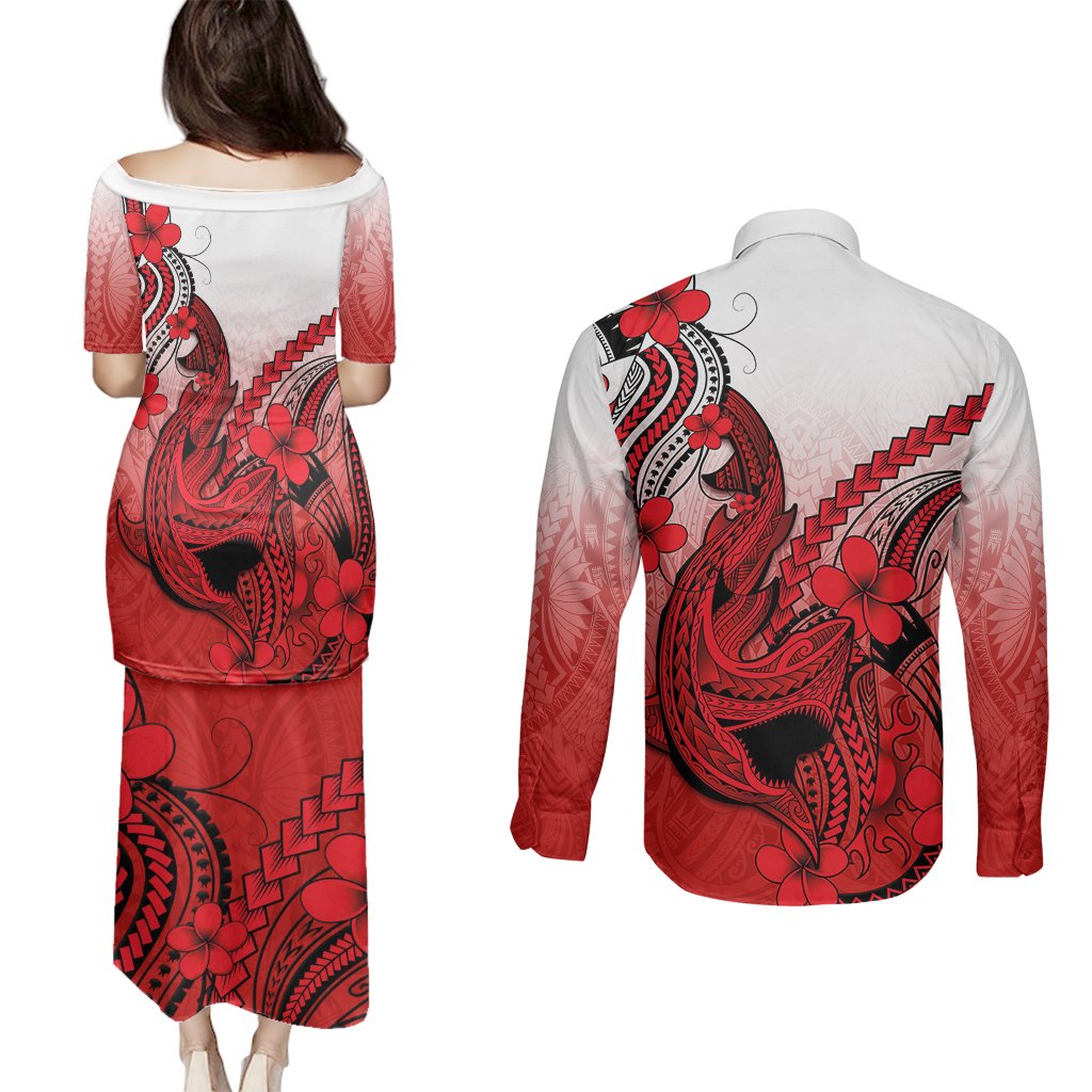 Hawaii Couples Matching Puletasi Dress and Long Sleeve Button Shirts Polynesian Shark Tattoo With Plumeria Red Gradient LT14 - Polynesian Pride