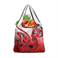 Red Gradient Hawaii Grocery Bag Polynesian Shark Tattoo With Plumeria