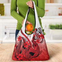 Red Gradient Hawaii Grocery Bag Polynesian Shark Tattoo With Plumeria