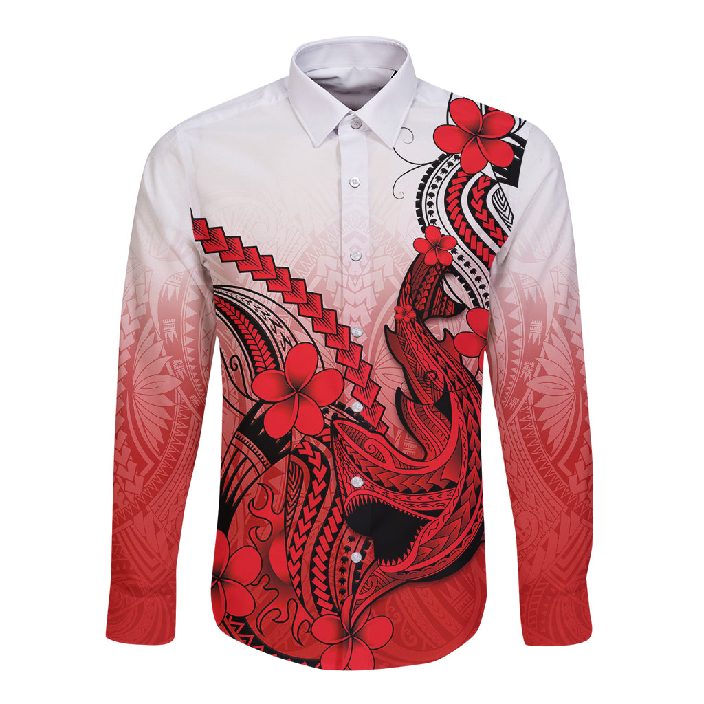 Hawaii Long Sleeve Button Shirt Polynesian Shark Tattoo With Plumeria Red Gradient LT14 Unisex Red - Polynesian Pride