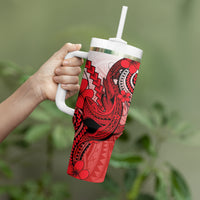 Hawaii Tumbler With Handle Polynesian Shark Tattoo With Plumeria Red Gradient