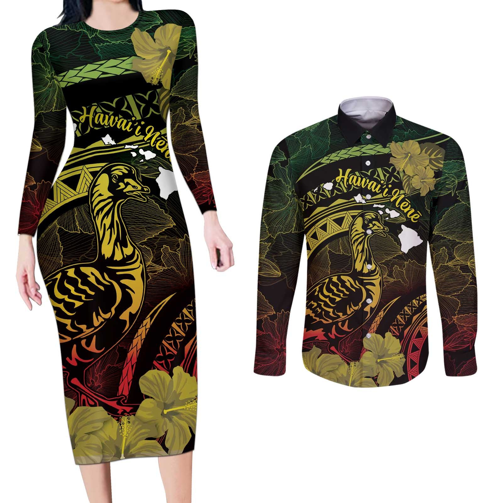 Personalised Hawaii Nene Goose Couples Matching Long Sleeve Bodycon Dress and Long Sleeve Button Shirt Hawaiian Map Hibiscus Polynesian Art - Reggae Gradient LT14 Reggae - Polynesian Pride