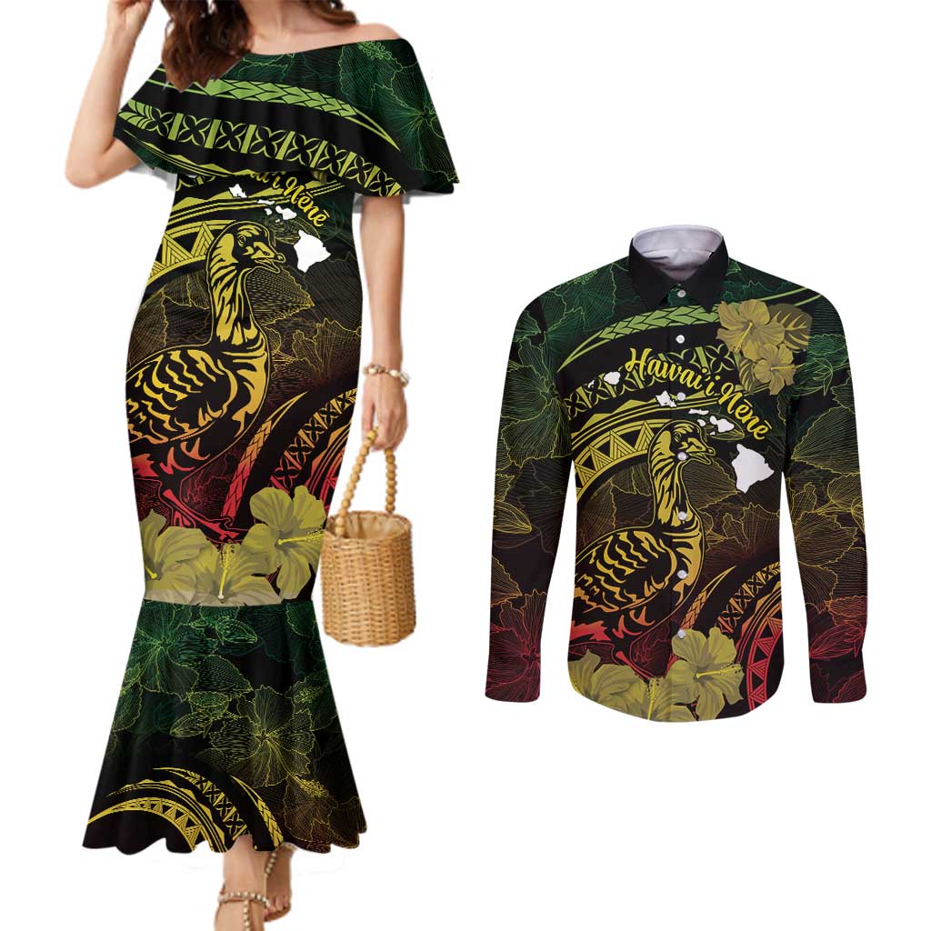 Personalised Hawaii Nene Goose Couples Matching Mermaid Dress and Long Sleeve Button Shirt Hawaiian Map Hibiscus Polynesian Art - Reggae Gradient LT14 Reggae - Polynesian Pride
