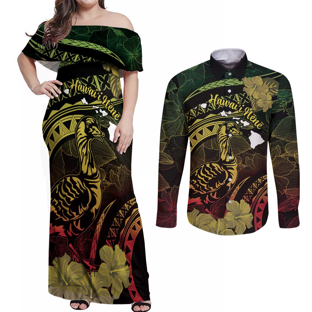 Personalised Hawaii Nene Goose Couples Matching Off Shoulder Maxi Dress and Long Sleeve Button Shirt Hawaiian Map Hibiscus Polynesian Art - Reggae Gradient LT14 Reggae - Polynesian Pride