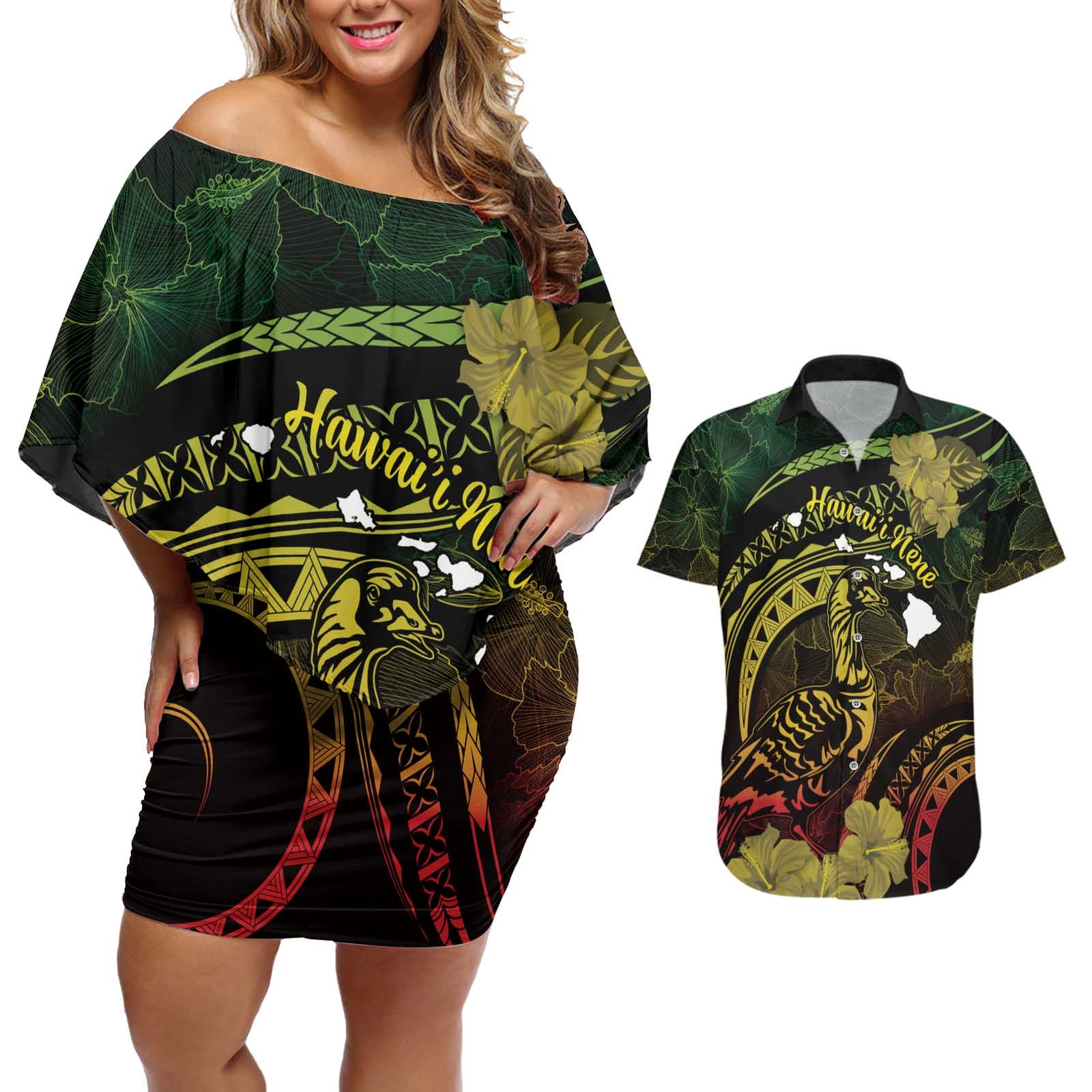 Personalised Hawaii Nene Goose Couples Matching Off Shoulder Short Dress and Hawaiian Shirt Hawaiian Map Hibiscus Polynesian Art - Reggae Gradient LT14 Reggae - Polynesian Pride