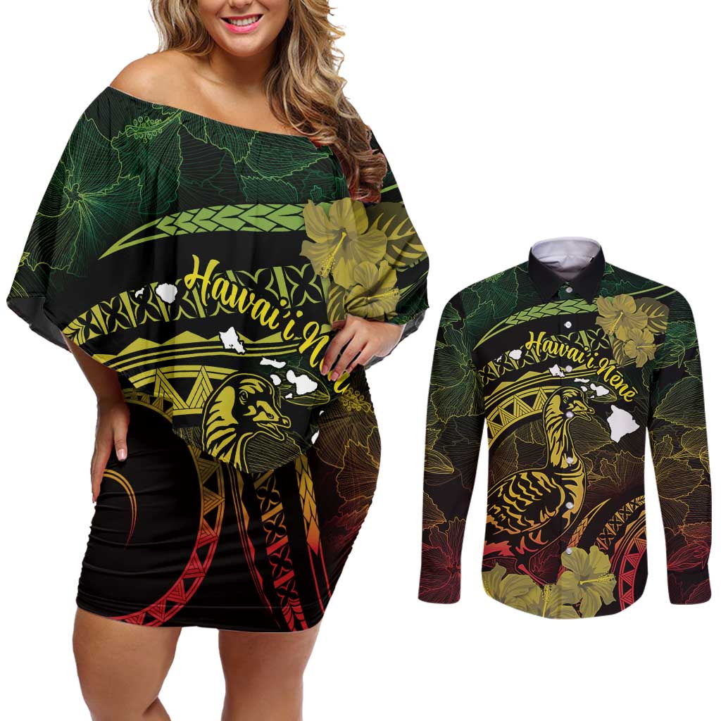 Personalised Hawaii Nene Goose Couples Matching Off Shoulder Short Dress and Long Sleeve Button Shirt Hawaiian Map Hibiscus Polynesian Art - Reggae Gradient LT14 Reggae - Polynesian Pride
