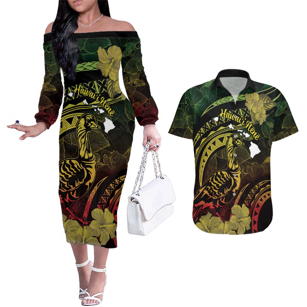 Personalised Hawaii Nene Goose Couples Matching Off The Shoulder Long Sleeve Dress and Hawaiian Shirt Hawaiian Map Hibiscus Polynesian Art - Reggae Gradient LT14 Reggae - Polynesian Pride