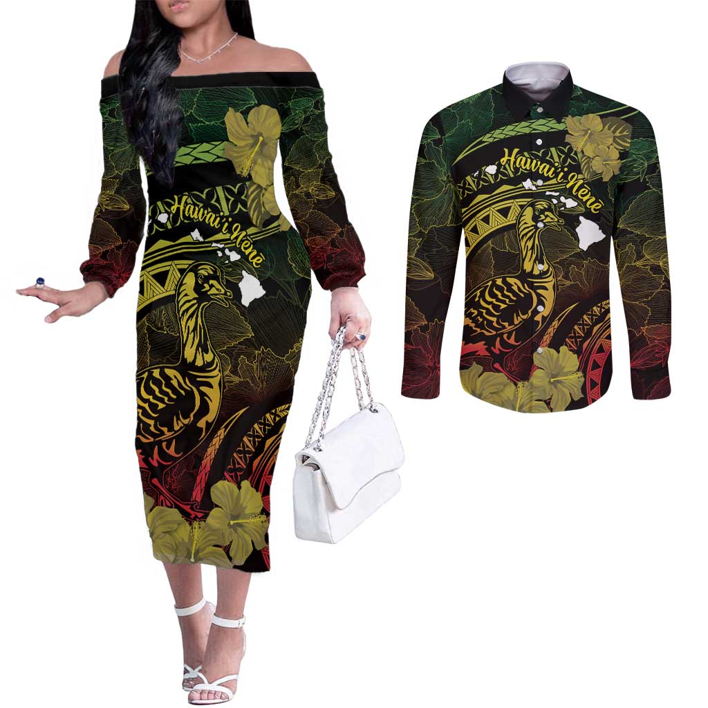 Personalised Hawaii Nene Goose Couples Matching Off The Shoulder Long Sleeve Dress and Long Sleeve Button Shirt Hawaiian Map Hibiscus Polynesian Art - Reggae Gradient LT14 Reggae - Polynesian Pride