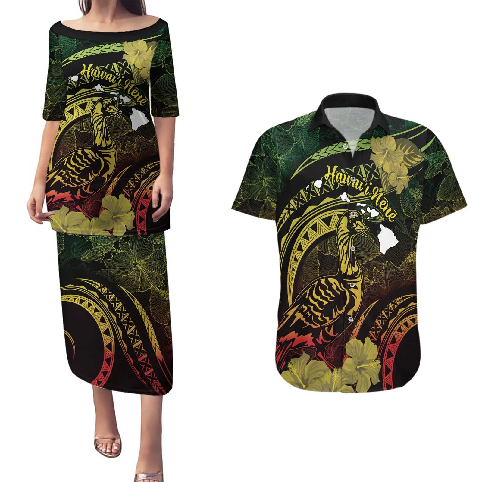 Personalised Hawaii Nene Goose Couples Matching Puletasi and Hawaiian Shirt Hawaiian Map Hibiscus Polynesian Art - Reggae Gradient LT14 Reggae - Polynesian Pride