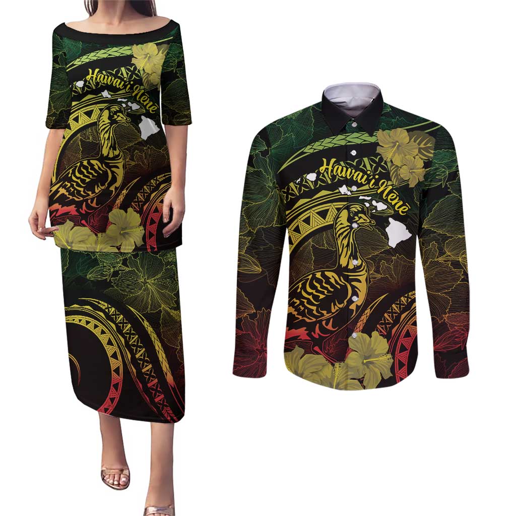 Personalised Hawaii Nene Goose Couples Matching Puletasi and Long Sleeve Button Shirt Hawaiian Map Hibiscus Polynesian Art - Reggae Gradient LT14 Reggae - Polynesian Pride