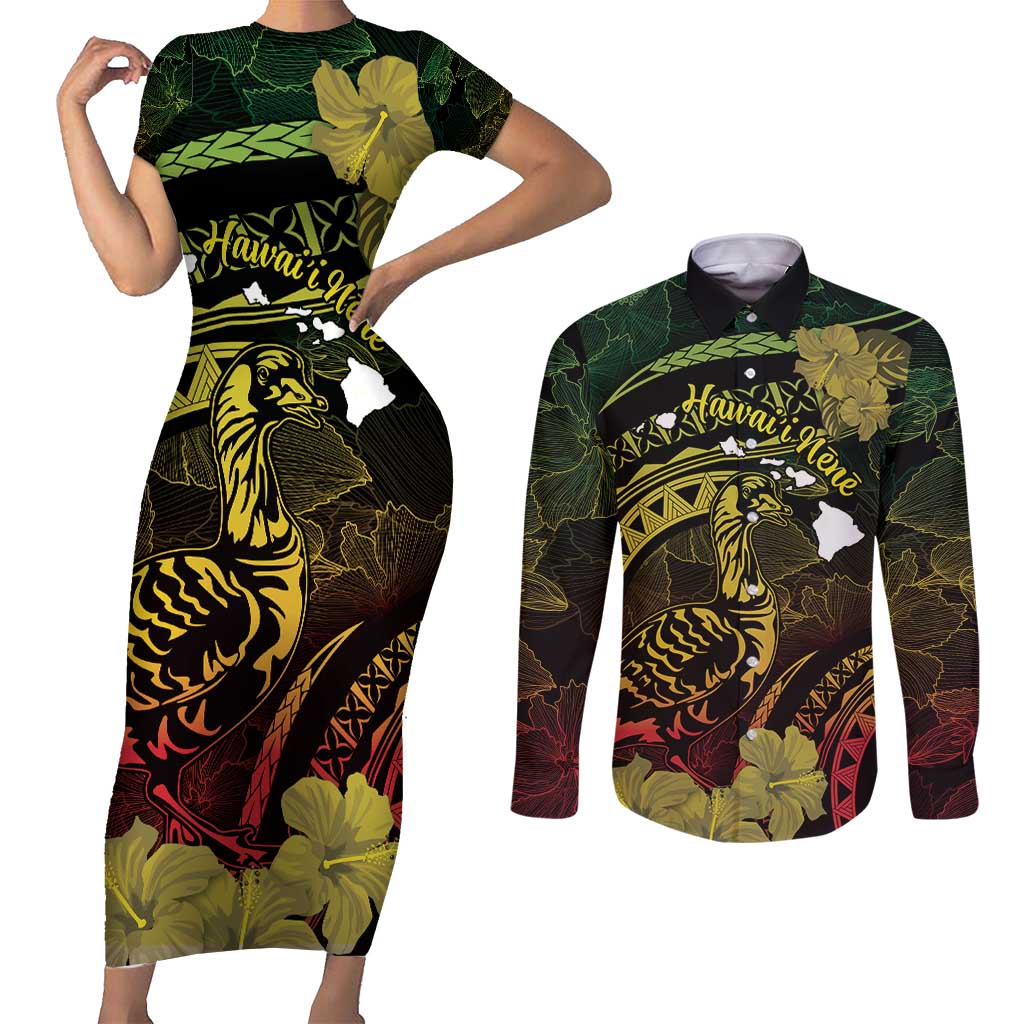 Personalised Hawaii Nene Goose Couples Matching Short Sleeve Bodycon Dress and Long Sleeve Button Shirt Hawaiian Map Hibiscus Polynesian Art - Reggae Gradient LT14 Reggae - Polynesian Pride
