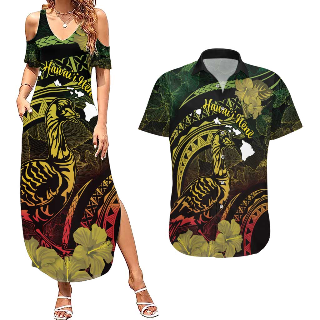 Personalised Hawaii Nene Goose Couples Matching Summer Maxi Dress and Hawaiian Shirt Hawaiian Map Hibiscus Polynesian Art - Reggae Gradient LT14 Reggae - Polynesian Pride