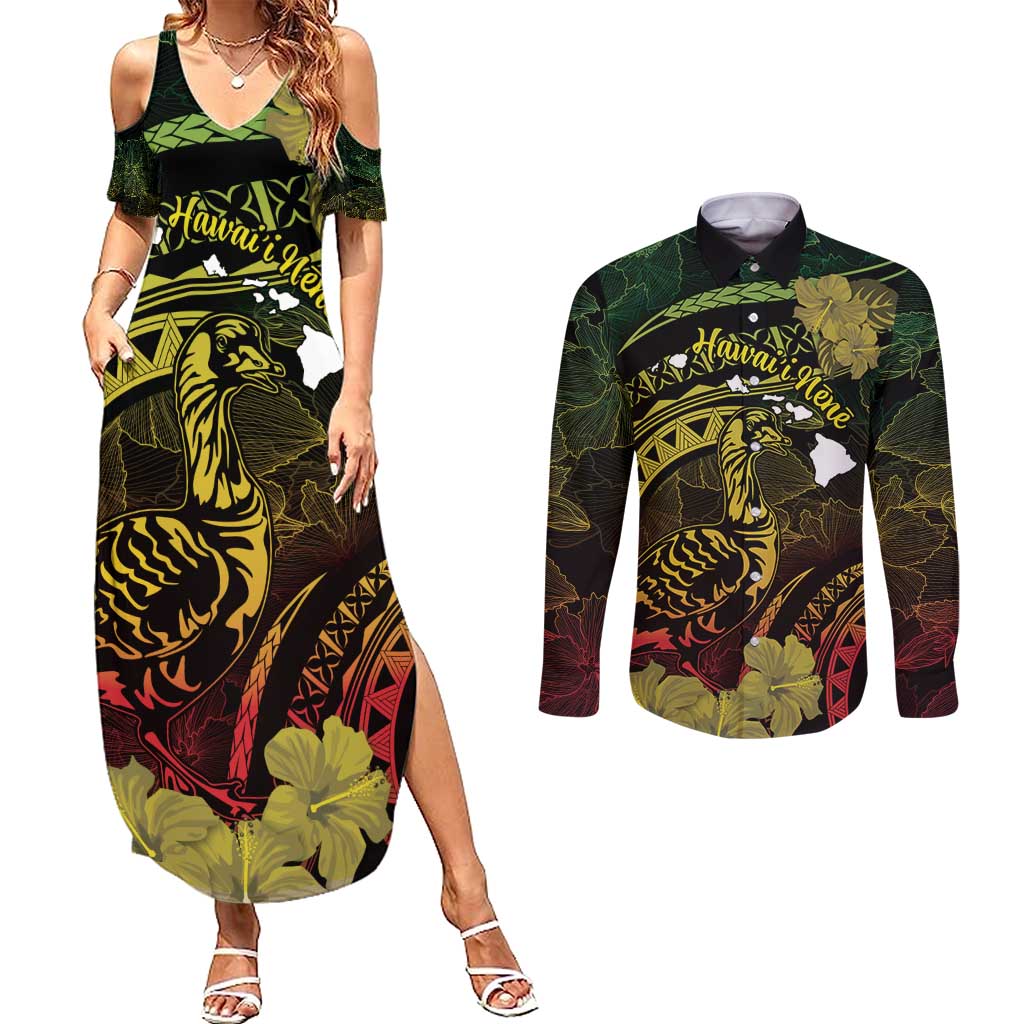 Personalised Hawaii Nene Goose Couples Matching Summer Maxi Dress and Long Sleeve Button Shirt Hawaiian Map Hibiscus Polynesian Art - Reggae Gradient LT14 Reggae - Polynesian Pride