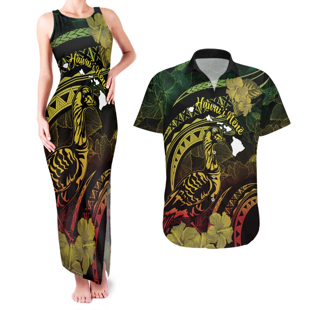 Personalised Hawaii Nene Goose Couples Matching Tank Maxi Dress and Hawaiian Shirt Hawaiian Map Hibiscus Polynesian Art - Reggae Gradient LT14 Reggae - Polynesian Pride