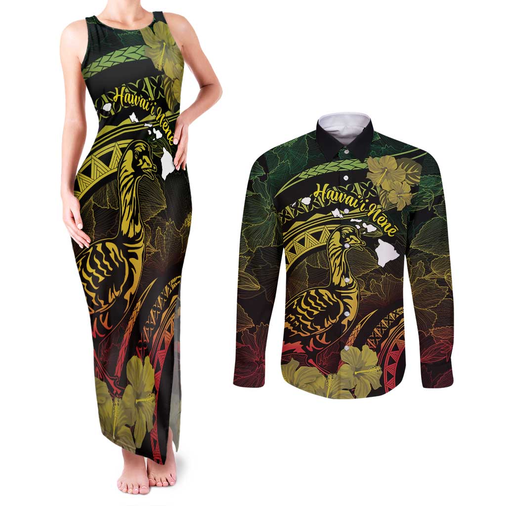 Personalised Hawaii Nene Goose Couples Matching Tank Maxi Dress and Long Sleeve Button Shirt Hawaiian Map Hibiscus Polynesian Art - Reggae Gradient LT14 Reggae - Polynesian Pride