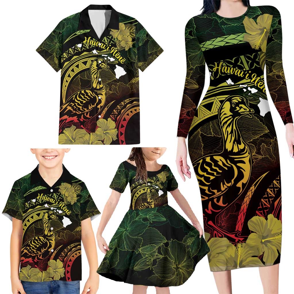 Personalised Hawaii Nene Goose Family Matching Long Sleeve Bodycon Dress and Hawaiian Shirt Hawaiian Map Hibiscus Polynesian Art - Reggae Gradient LT14 - Polynesian Pride